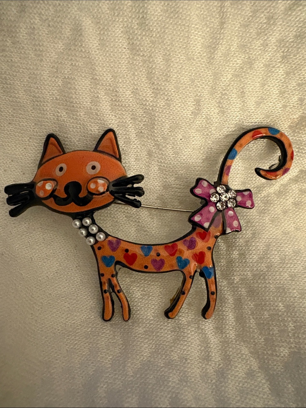 Hand-Painted Orange Cat Brooch with Heart Accents